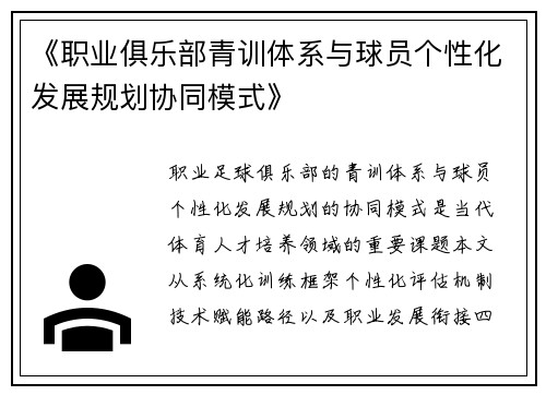 《职业俱乐部青训体系与球员个性化发展规划协同模式》